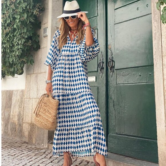 NWOT Sorella Boutique Viola Maxi Dress (Blue & White Diamond Pattern) - Picture 2 of 6